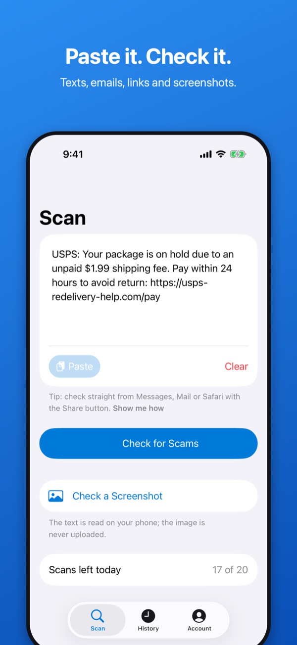The Scan screen with a pasted text message and a Check for Scams button.
