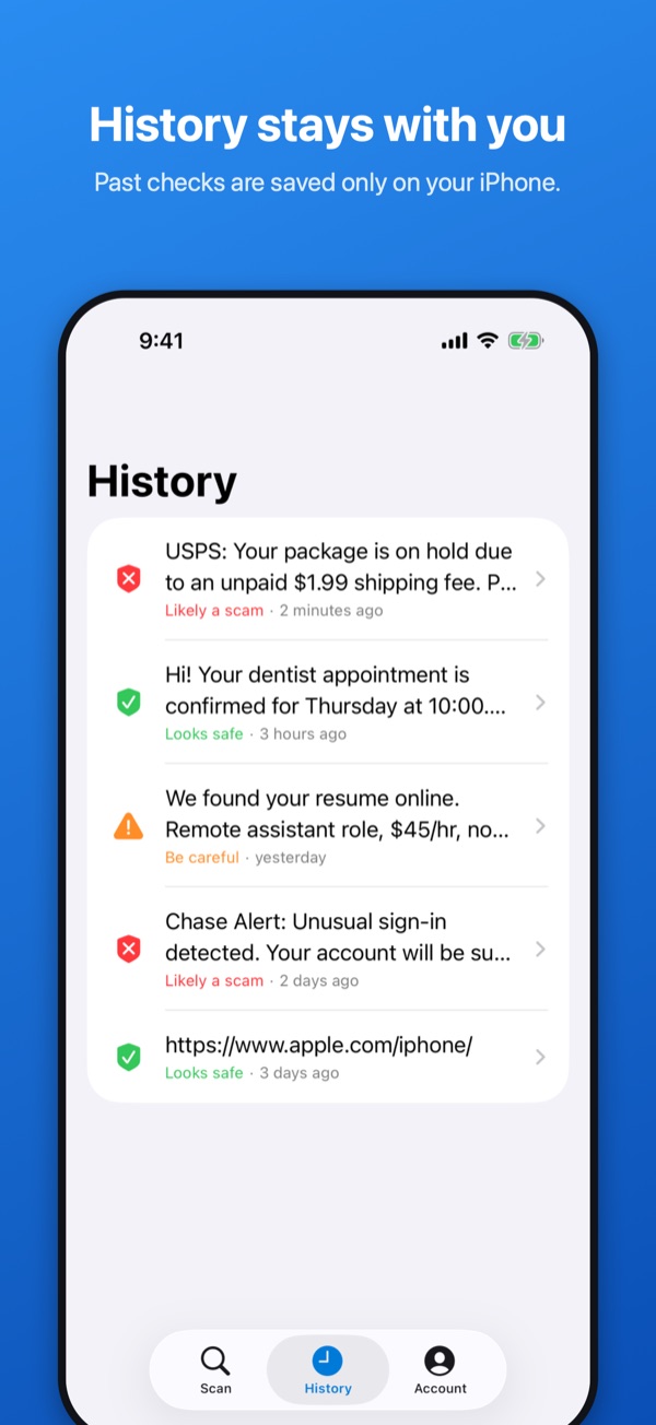History of past checks, each marked likely a scam, be careful, or looks safe.